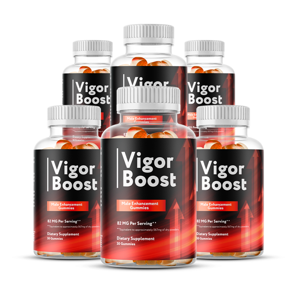 Six bottles of the Vigor Boost supplement displayed as a 6‑bottle kit, highlighting the product’s main offer and reinforcing trust and visibility for the Vigor Boost formula