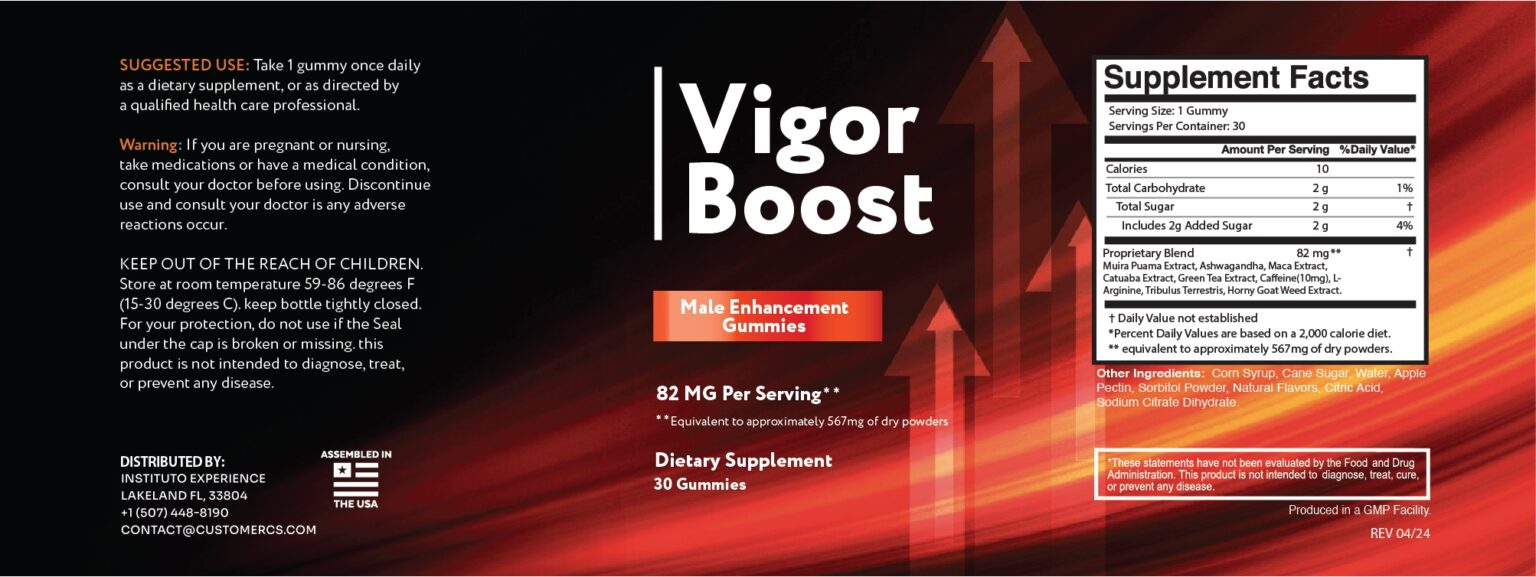 Vigor Boost supplement label featuring the product’s branding, formula highlights, and premium design, reinforcing trust and credibility for the Vigor Boost formula.