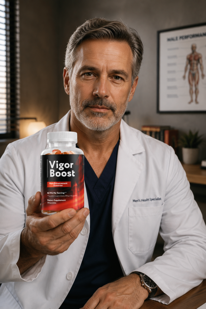Doctor recommending Vigor Boost male enhancement supplement and approving its natural performance formula.